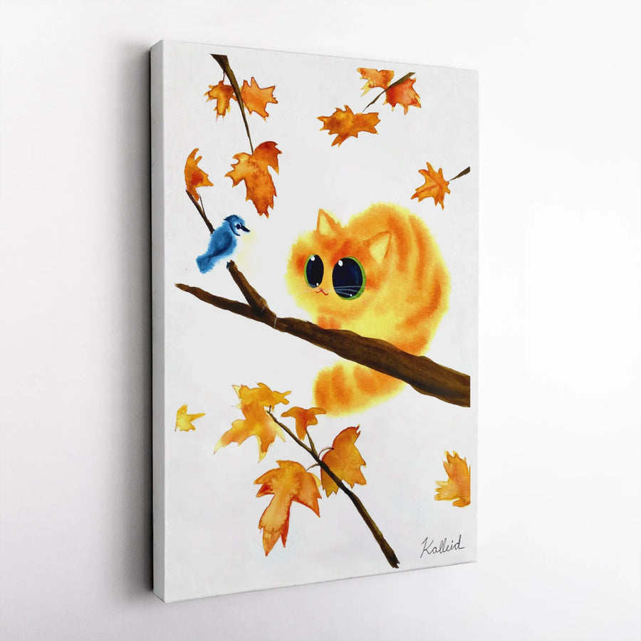 Autumn Cat Canvas Print | Cute Watercolor Ginger Cat and Blue Bird Wall Art | Premium Gallery Wrapped Decor | Fall Whimsical Home Gift