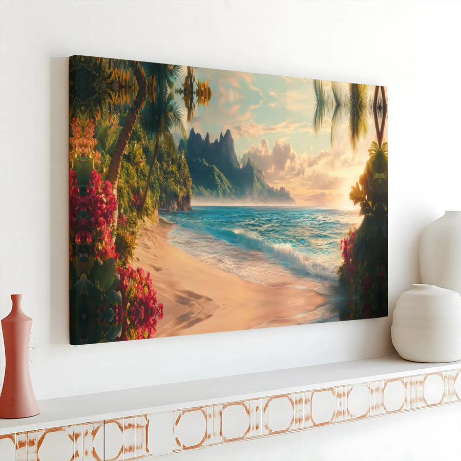 Tropical Beach Canvas Wall Art | Hawaiian Paradise Sunset Painting | Premium Gallery Wrapped Art | Coastal Living Room Decor Gift
