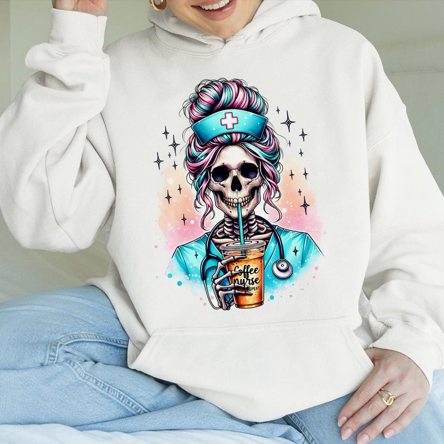 Skeleton Nurse Hoodie | Coffee Lover Skull Graphic Design | Premium Cotton-Blend Sweatshirt | Funny Medical Professional Gift for Her