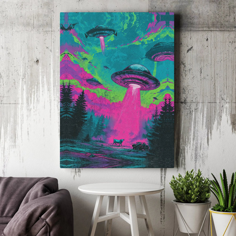 UFO Alien Abduction Canvas Print | Vibrant Sci-Fi Cow Abduction Scene | Premium Gallery Wrapped Canvas | Gift for Sci-Fi & UFO Fans