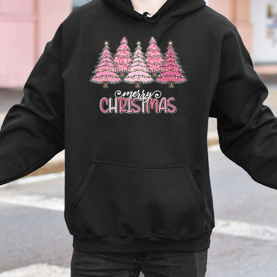 Merry Christmas Hoodie | Pink Leopard Print Trees Graphic | Premium Cotton Blend | Cute Holiday Gift for Women and Teens