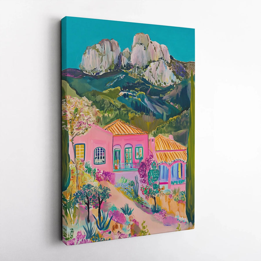 Mediterranean Villa Canvas Art | Pink House Mountain Landscape Print | Premium Gallery Wrapped Wall Decor | Colorful Travel-Inspired Gift