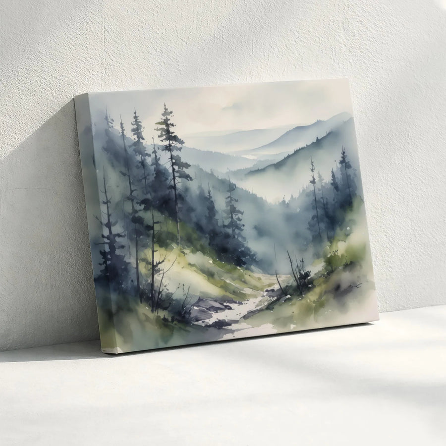 Misty Mountain Canvas Wall Art | Foggy Pine Tree Watercolor Painting | Premium Thick Gallery Wrap | Calming Nature Wall Decor for Living Room Gift
