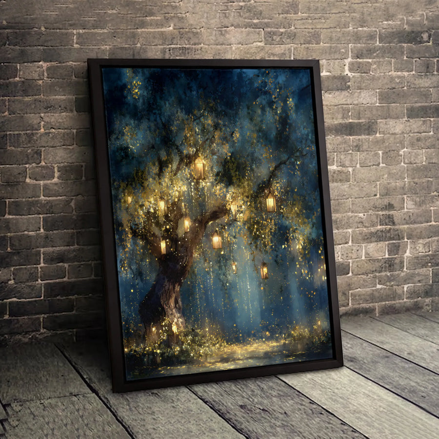 Enchanted Forest Tree Canvas Art | Magical Glowing Lanterns Wall Decor | Premium Fade-Resistant Print | Whimsical Home Gallery Gift