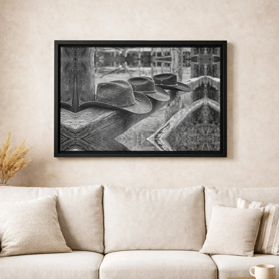 Western Cowboy Hat Wall Art | Rustic Black and White Ranch Photography | Premium 1.25” Gallery Canvas | Country Home Decor Gift