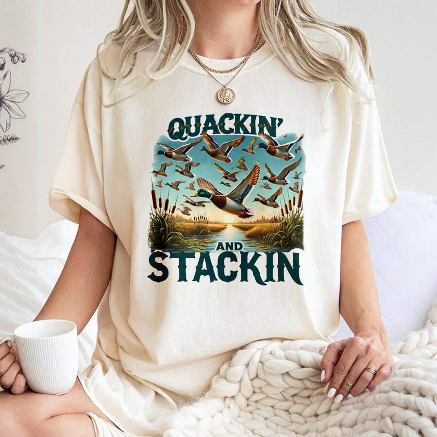 Quackin And Stackin T-Shirt | Mallard Duck Hunting Graphic | 100% Cotton Premium Tee | Outdoor Enthusiast Gift For Hunters