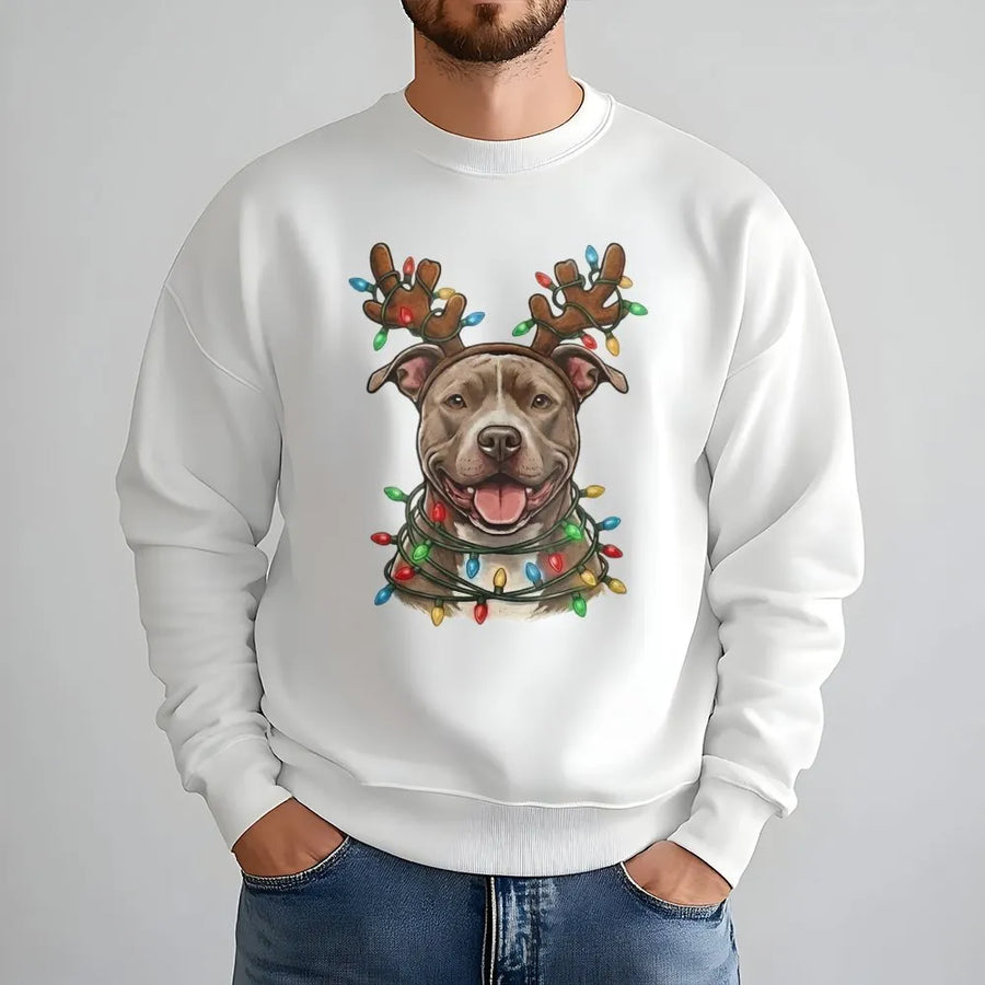 Pitbull Christmas Sweatshirt | Festive Reindeer Antlers and Lights Graphic | Cozy Cotton Blend | Perfect Holiday Gift for Dog Mom or Dad