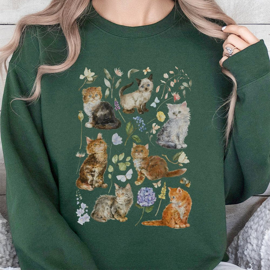 Kitten Sweatshirt | Floral Wildflower Aesthetic Art | Soft Cotton Blend | Cute Cat Lover Gift for Women