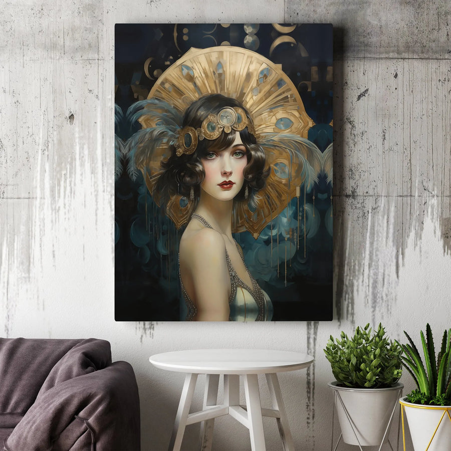 Art Deco Woman Canvas Print | Elegant Flapper Portrait with Gold Headdress | Premium Gallery Canvas | Modern Home Decor Gift