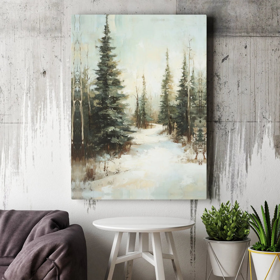 Winter Forest Canvas Wall Art | Snowy Pine Tree Path Painting | Premium Gallery Wrap Print | Serene Holiday Home Decor
