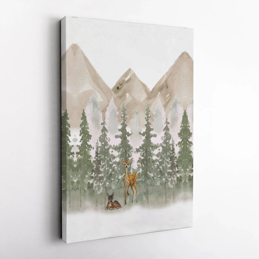 Watercolor Deer Canvas Wall Art | Misty Pine Forest & Mountain Scene | Premium Gallery Wrapped Print | Woodland Nursery Art Gift