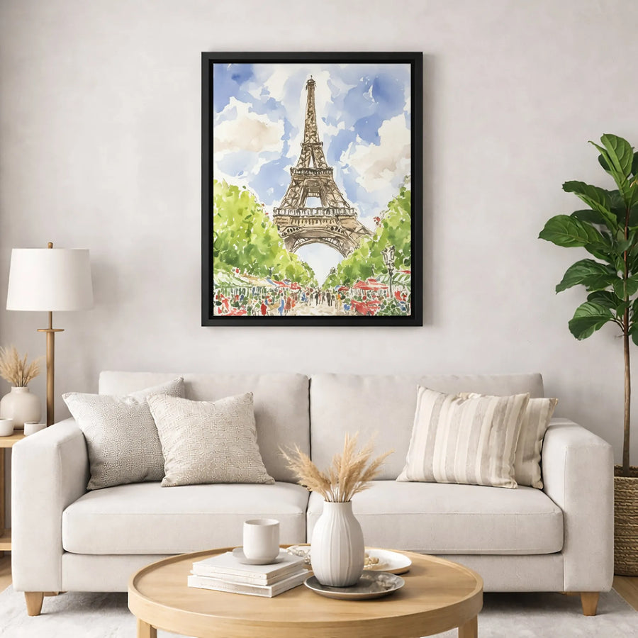 Eiffel Tower Canvas Wall Art | Watercolor Paris Street Market Print | Premium Gallery Wrap Decor | Travel Gift for France Lovers