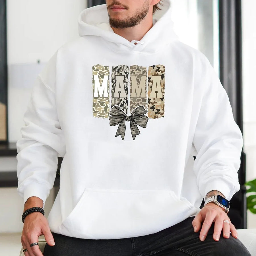 Mama Camo Hoodie | Trendy Camouflage Bow Graphic | Premium Soft Cotton Blend | Cute Country Mom Gift Idea
