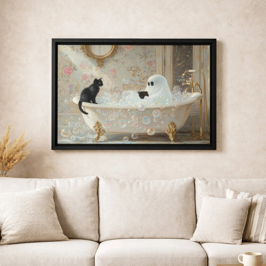 Ghost Reading in Bathtub Canvas Art | Whimsical Black Cat Decor | Gallery-Wrapped Premium Print | Spooky Cute Halloween Wall Art Gift