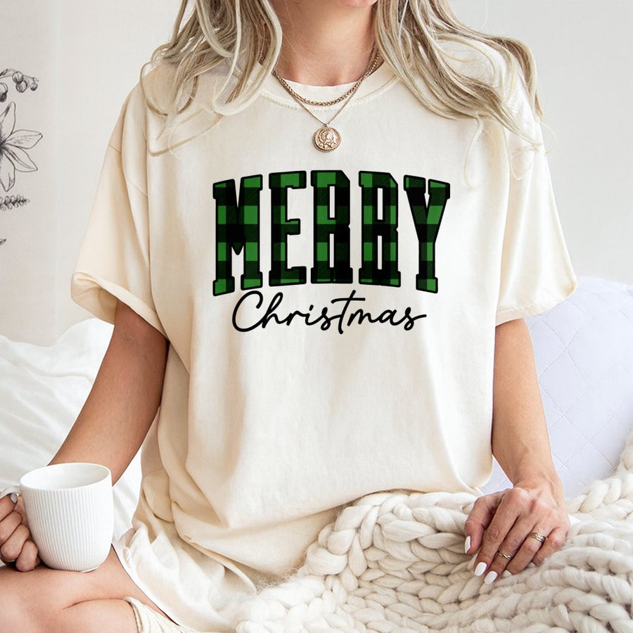 Merry Christmas T-Shirt | Green Plaid Buffalo Check Graphic | 100% Premium Cotton | Festive Holiday Gift for Family and Friends