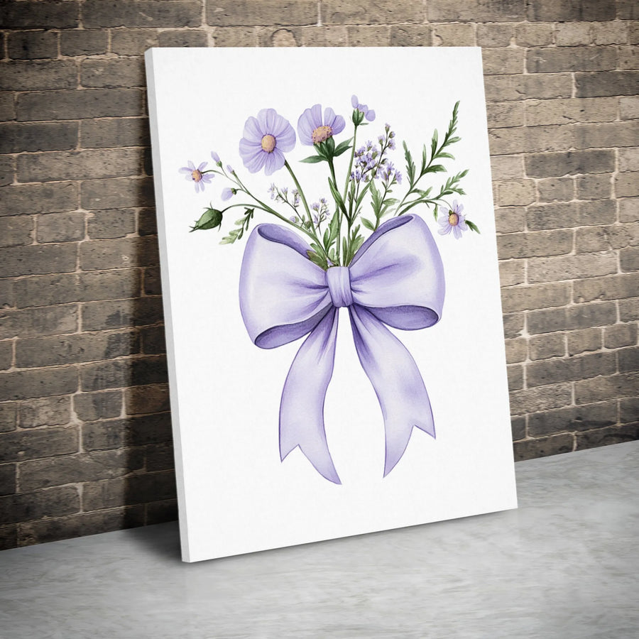 Watercolor Floral Bouquet Vertical Canvas | Lavender Wildflower Art with Ribbon Bow | Premium Thick Gallery Wrap Print | Cottagecore Wall Decor Gift for Her