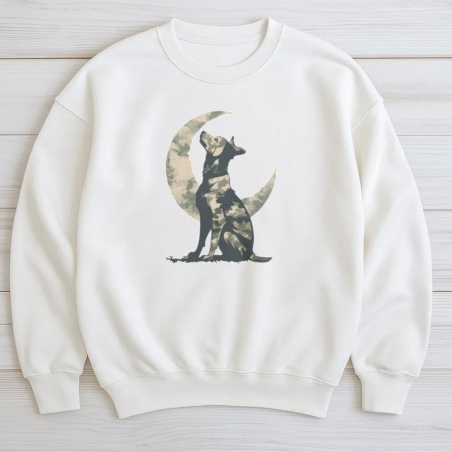 Camo Dog Sweatshirt | Howling Wolf Silhouette Moon Design | Premium Cotton Blend Crewneck | Outdoor Wildlife Hunter Gift for Men and Women