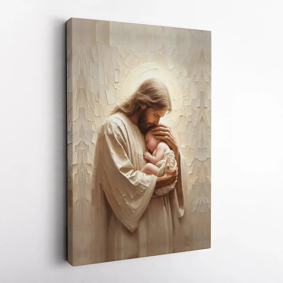 Jesus Holding Baby Canvas Art | Religious Impasto Style Wall Decor | Premium Fade-Resistant Print | Spiritual Gift for Nursery or Home