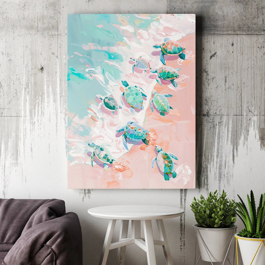 Baby Sea Turtle Wall Art | Coastal Pink Beach Painting | Premium Gallery-Wrapped Canvas | Beach House Decor & Ocean Nursery Gift
