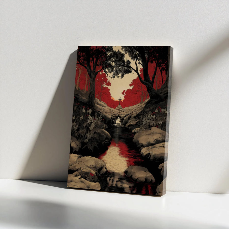 Christian Cross Canvas Art | Red Forest River Landscape | Premium Gallery Wrapped Canvas | Spiritual Wall Decor Gift for Christians