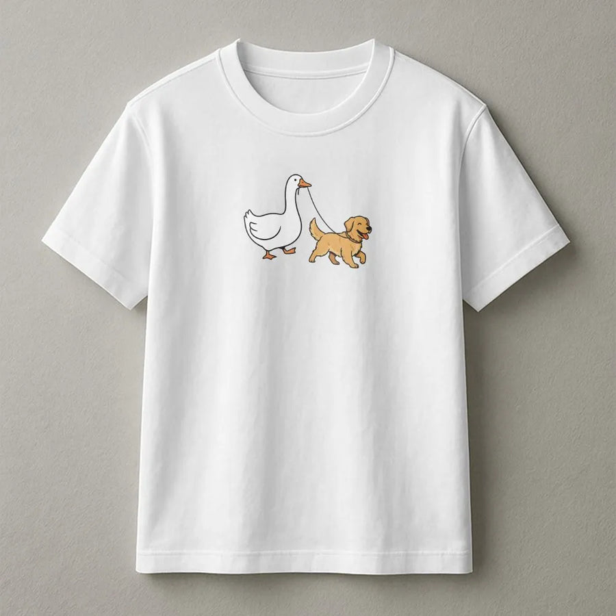 Silly Goose Golden Retriever T-Shirt | Funny Goose Walking Dog Graphic | Premium Cotton Blend | Gift for Dog Lover