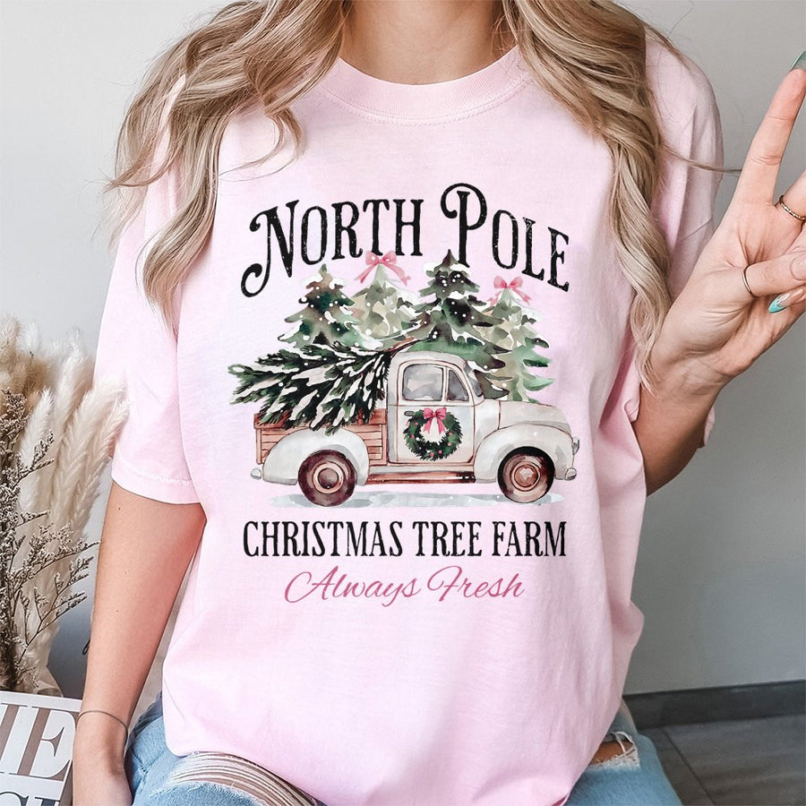 North Pole Christmas Tree Farm T-Shirt | Vintage Rustic Truck Graphic | 100% Cotton Premium Tee | Festive Holiday Gift for Women & Men