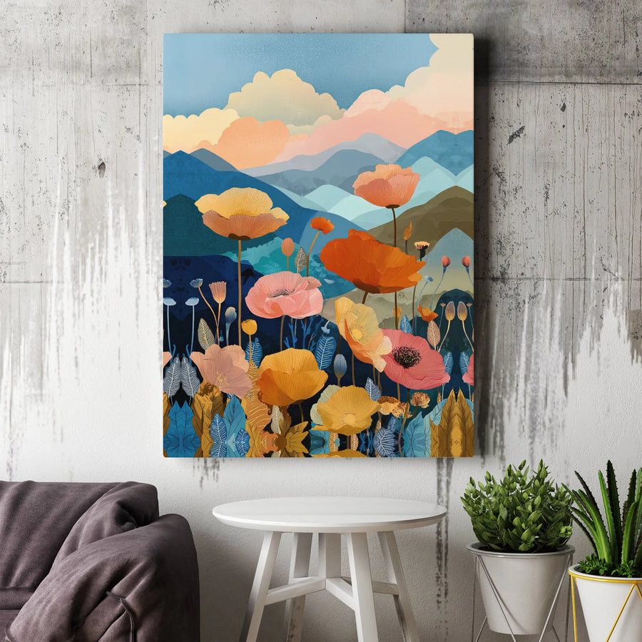 Floral Mountain Canvas Wall Art | Vibrant Botanical Landscape Print | Premium Gallery Wrapped Canvas | Modern Living Room Decor Gift