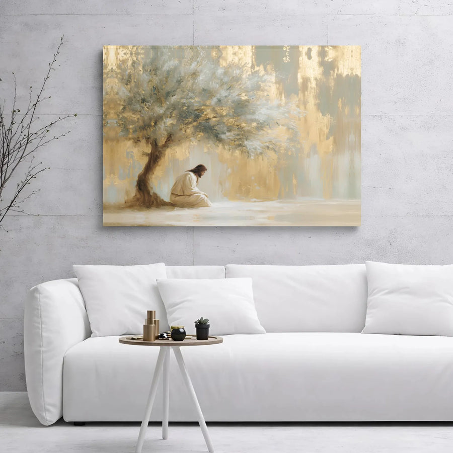 Jesus Praying Under Olive Tree Wall Art | Gold Abstract Religious Canvas | Premium Gallery Wrapped Decor | Christian Home Gift For Believers