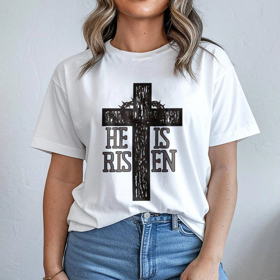 He Is Risen T-Shirt | Rustic Cross Crown of Thorns Graphic | 100% Cotton Premium Tee | Christian Easter Gift for Men and Women