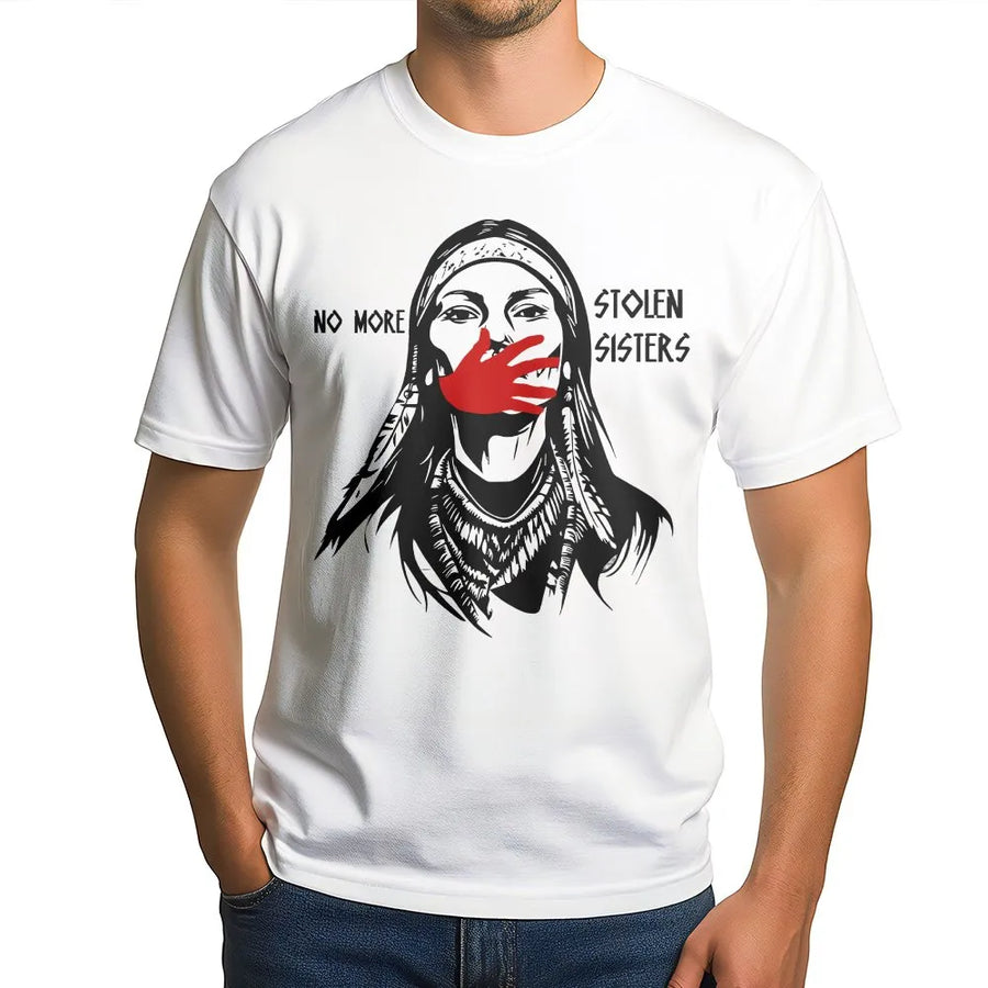 No More Stolen Sisters T-Shirt | MMIW Red Handprint Graphic | Premium Soft Cotton Tee | Indigenous Rights Awareness Gift