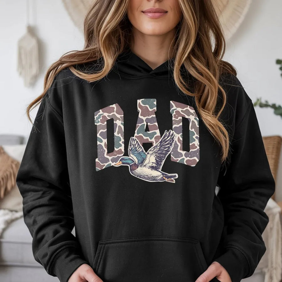 Camo Dad Hoodie | Flying Mallard Duck Hunting Graphic | Premium Cotton Blend | Perfect Gift for Hunters and Outdoorsmen