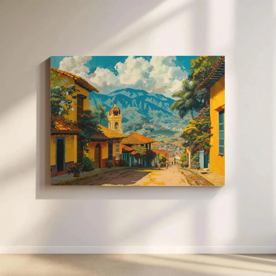 Colonial Town Street Canvas Print | Vibrant Latin American Village Landscape | Premium Gallery Wrap | Home Office Wall Decor Art