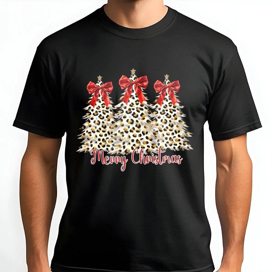 Leopard Print Christmas Tree T-Shirt | Festive Coquette Bow Design | Premium Soft Cotton | Holiday Gift for Women and Family