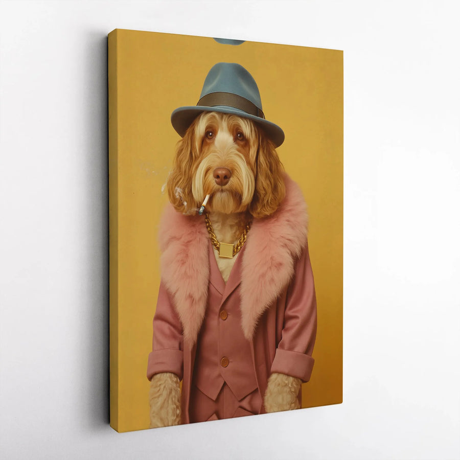 Dog In Pink Suit Canvas | Dapper Golden Doodle Fedora Print | Premium Gallery-Wrapped Wall Art | Funky Animal Home Office Decor