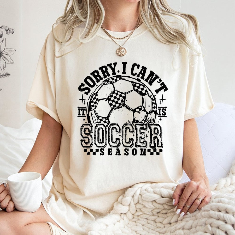 Sorry I Can't It's Soccer Season T-Shirt | Retro Checkered Ball Graphic | 100% Premium Cotton Tee | Soccer Mom Game Day Gift