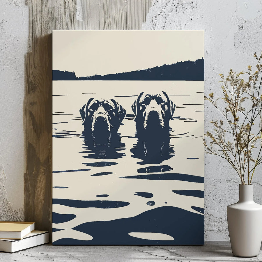 Labrador Retriever Wall Art | Two Dogs Swimming Graphic Canvas | Modern Gallery Wrap Decor | Dog Lover Gift for Home Office