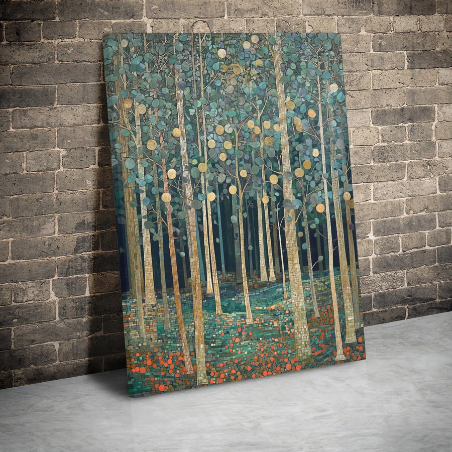 Forest Mosaic Wall Art | Art Nouveau Golden Tree Canvas | Premium Gallery Wrap Decor | Nature-Inspired Home Office Wall Hanging