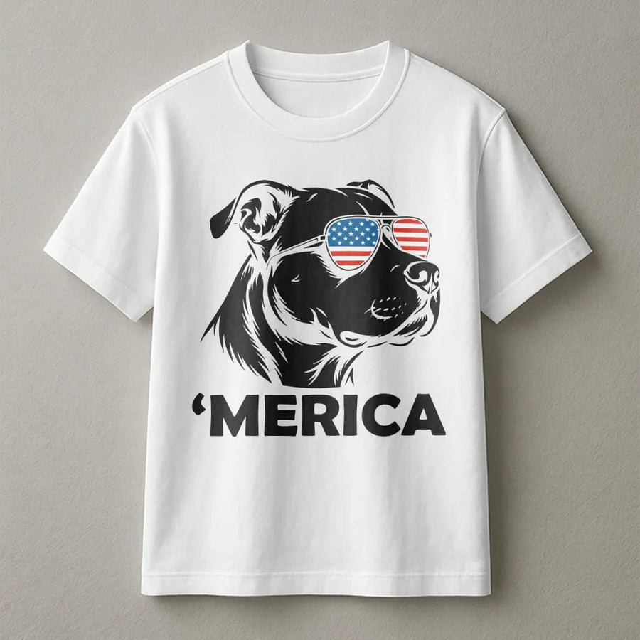 'Merica Pitbull Shirt | Funny Dog with American Flag Sunglasses | Premium Cotton Tee | 4th of July Gift for Dog Lover