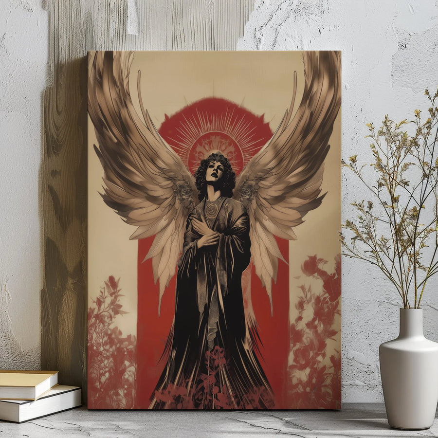 Gothic Angel Canvas Wall Art | Red Sunburst Halo Surrealist Print | Premium Gallery Wrap Wooden Frame | Dark Academia Home Decor Gift