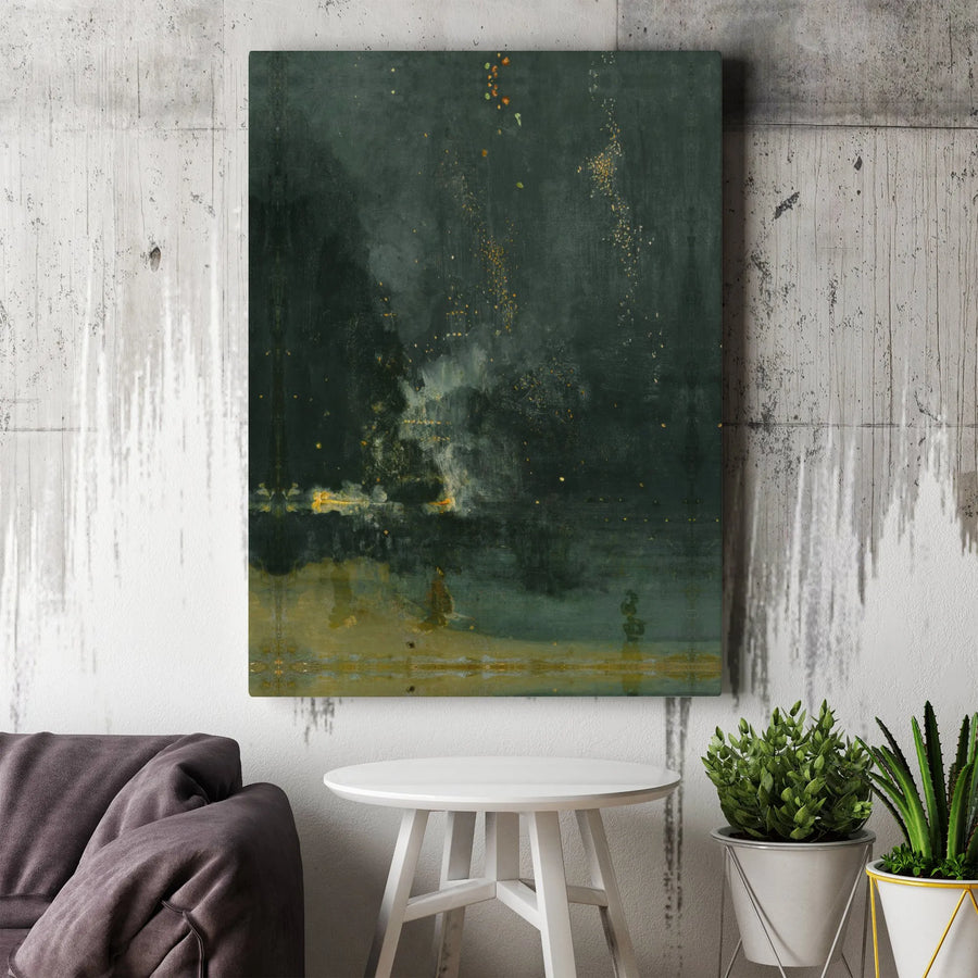 Nocturne in Black and Gold Canvas Wall Art | Impressionist Falling Rocket Print | Gallery-Quality 1.25 Inch Thick Frame | Fine Art Decor for Home
