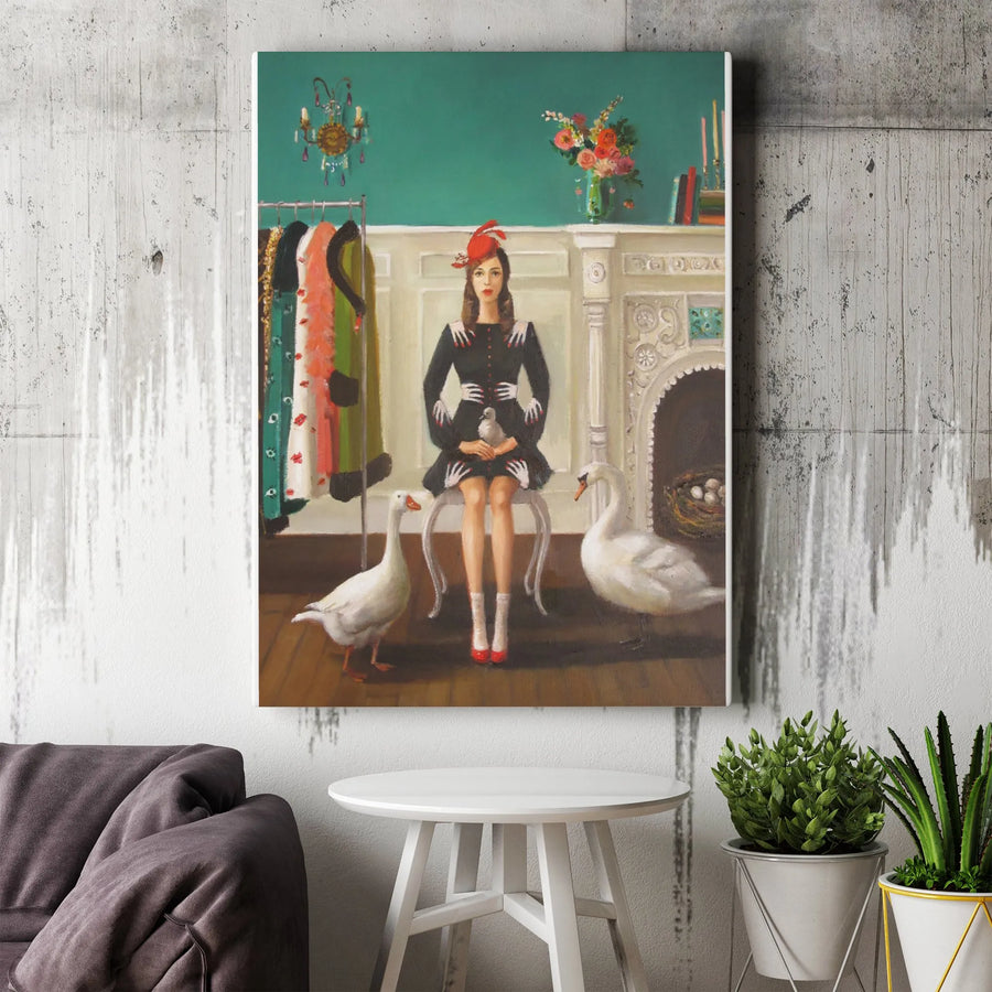 Surrealist Leda and the Swan Canvas Print | Modern Mythology Fine Art Painting | Premium Gallery Wrapped Wall Decor | Eclectic Home Decor Gift