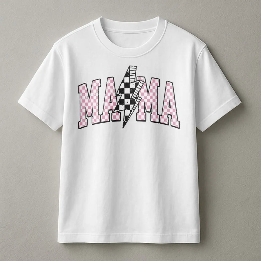 Retro Mama T-Shirt | Checkerboard Lightning Bolt Varsity Graphic | Soft Cotton Blend | Mothers Day Gift for New Mom