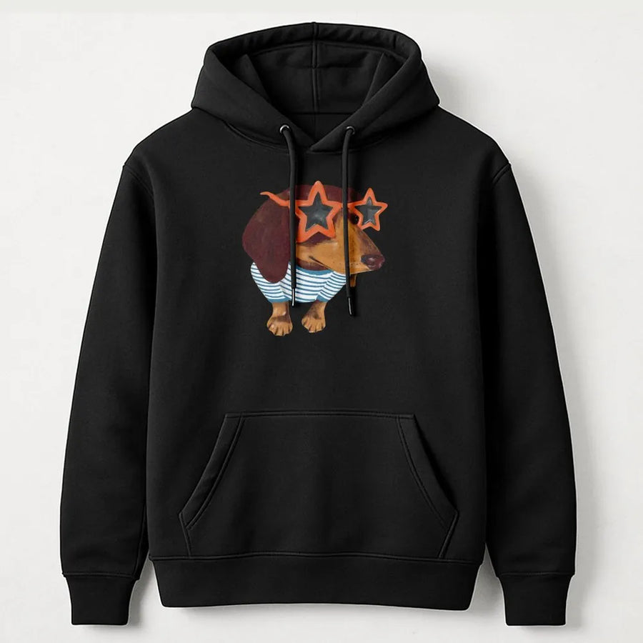 Dachshund Hoodie | Funny Wiener Dog in Star Glasses Graphic | Cotton Blend Premium Sweatshirt | Gift for Dog Lover