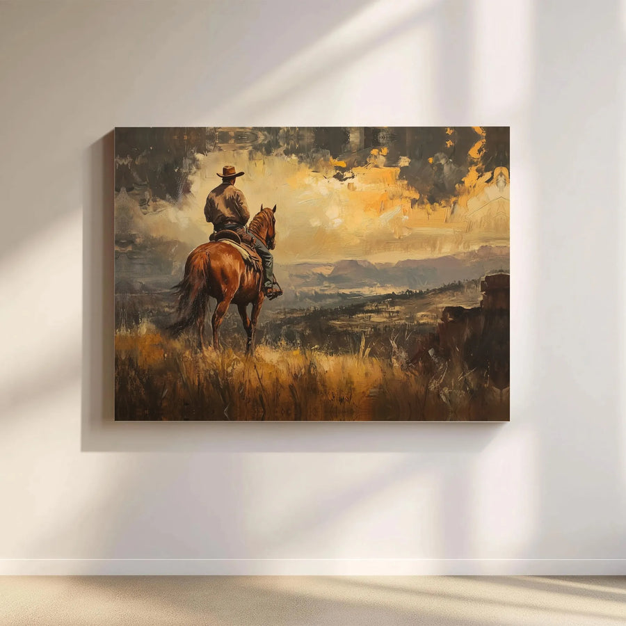 Lone Cowboy Canvas Wall Art | Western Horse Landscape Painting | Premium Gallery Wrap 1.25 Inch | Rustic Home Decor Gift for Him