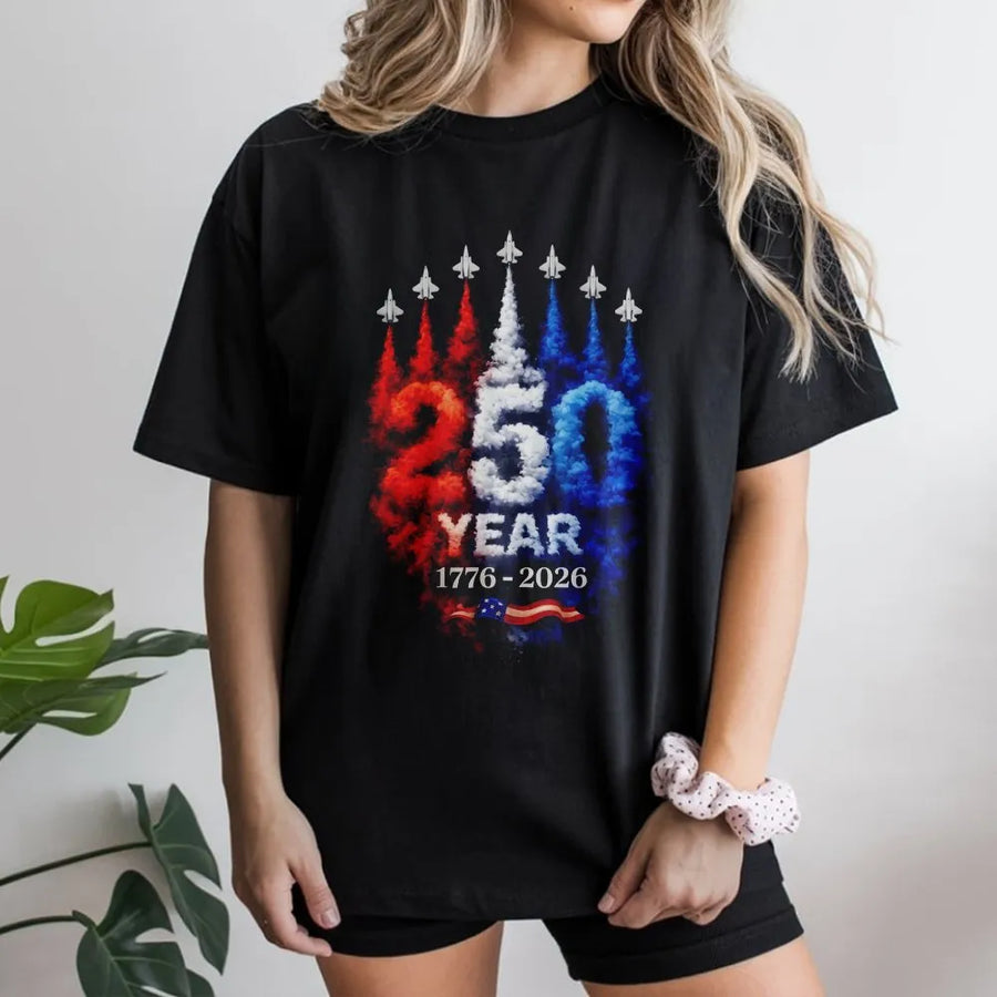 America 250th Anniversary T-Shirt | 1776-2026 Patriotic Jet Flag Graphic | Premium Cotton Blend | Commemorative Gift for Patriots