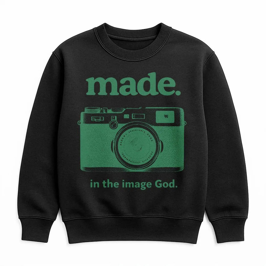 Made In The Image Of God Sweatshirt | Vintage Camera Graphic Tee | Premium Cotton Blend | Faith-Based Religious Gift For Believers