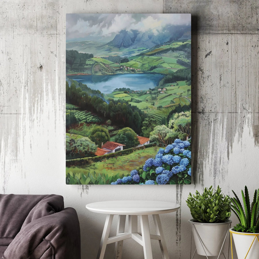 Azores Landscape Canvas Wall Art | Sete Cidades Lake Mountain View | Gallery Wrap Premium Print | Nature Home Decor Gift for Travel Lovers