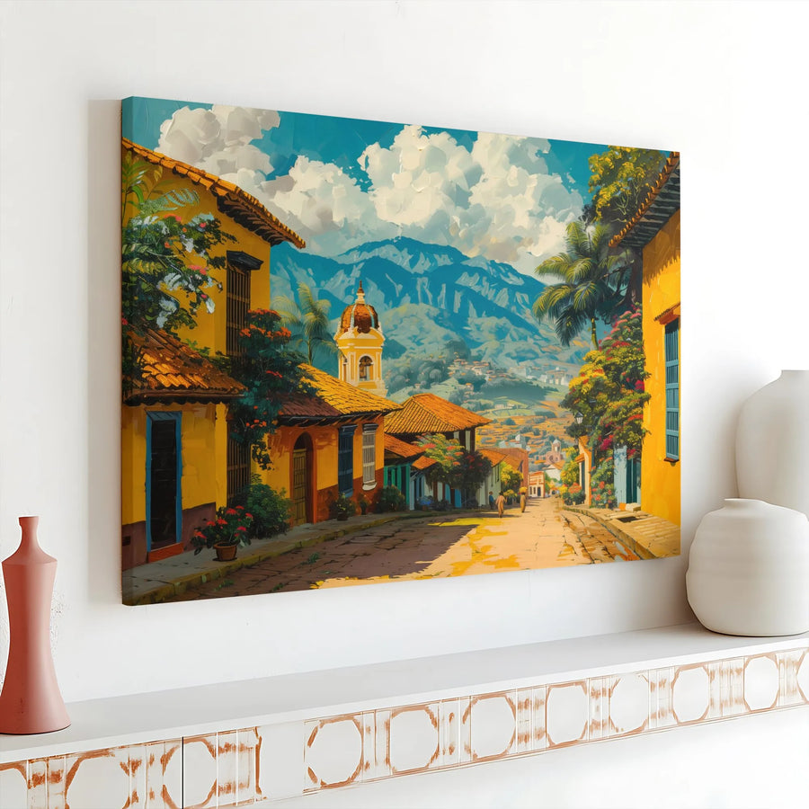 Colonial Town Street Canvas Print | Vibrant Latin American Village Landscape | Premium Gallery Wrap | Home Office Wall Decor Art