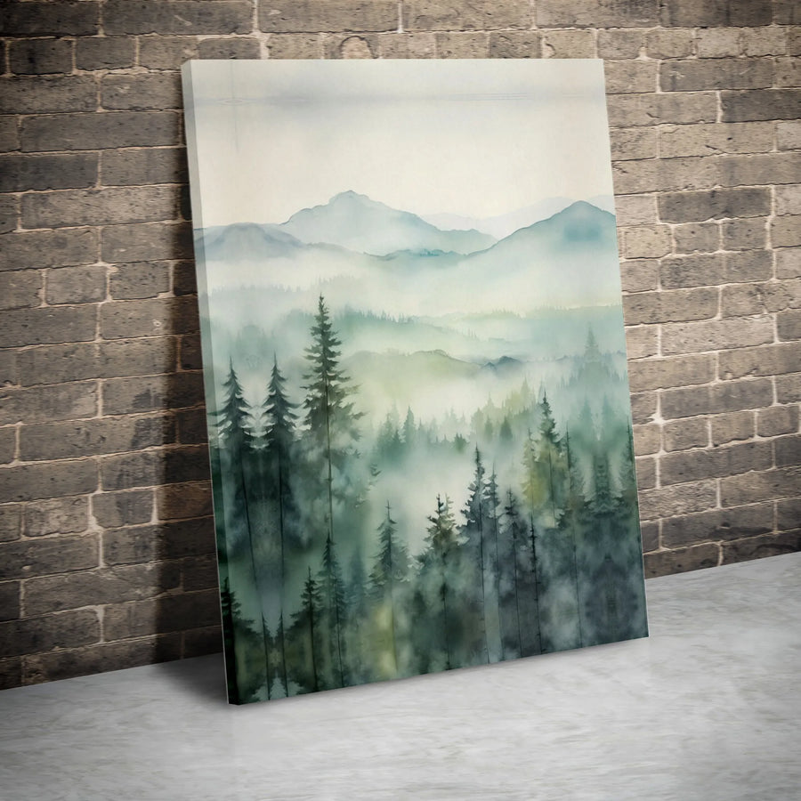 Misty Mountain Forest Canvas Wall Art | Watercolor Pine Tree Landscape | Premium Gallery Canvas Print | Modern Rustic Home Decor Gift