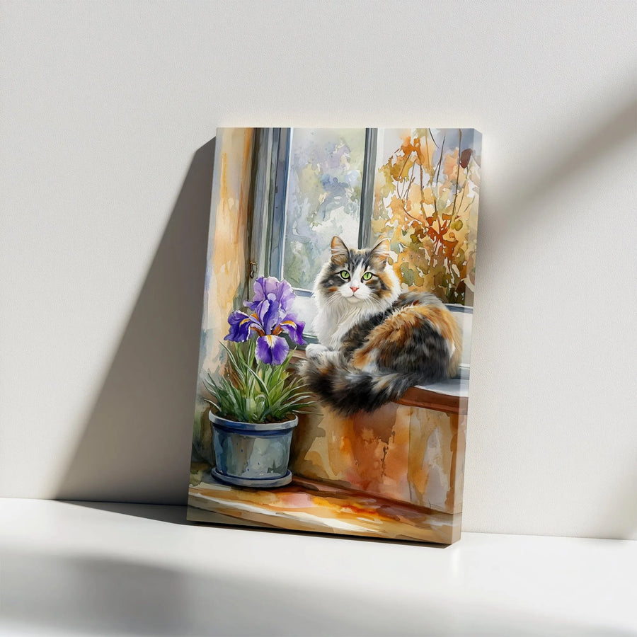 Calico Cat Canvas Wall Art | Watercolor Floral Window Scene | Premium Gallery Wrap Print | Gift For Cat Lovers